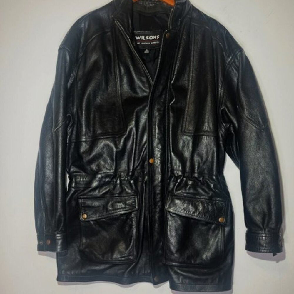 Wilson's‎ Leather Expert Black Genuine Long Genuine Leather Bomber Jacket Sz L